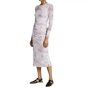 Ganni Marble-Print Mesh Rushed Midi Dress Size 44, New